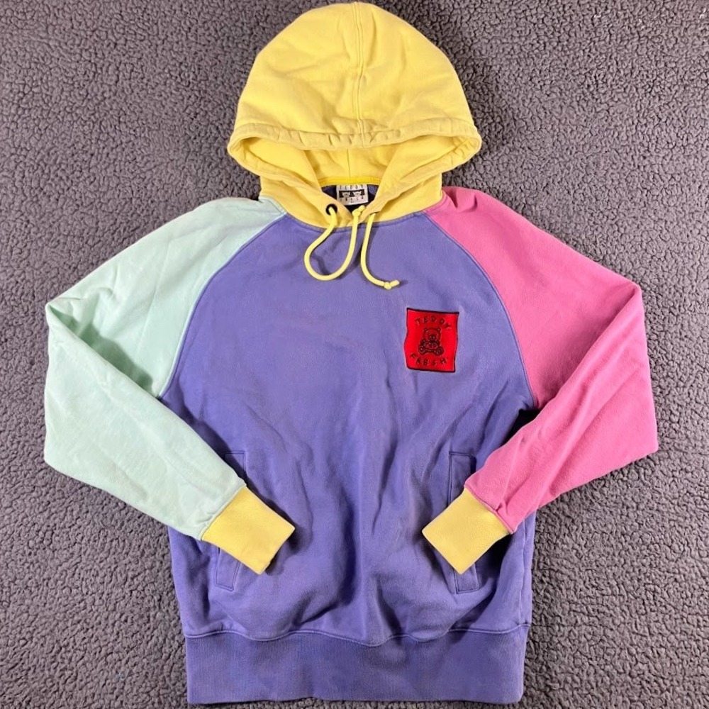 Teddy Fresh Color Block Hoodie XS Yellow Purple Pink Blue Embroidered Bear